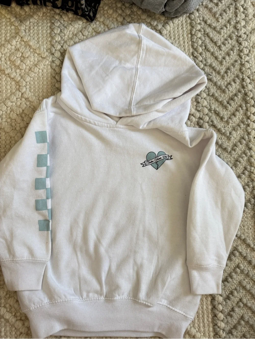 Kids Broken  Heart White Hoodie with Mint Heart Accent